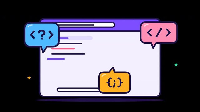 Abstract animation showcasing web development and coding concepts. Features a browser window with code snippets, question marks, and curly braces, representing programming and software creation.
