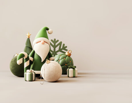 Green Santa Claus with Christmas decoration and copy space on beige background. Christmas greeting card design. 3D Rendering, 3D Illustration
