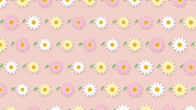 Animated flat design papercut seamless pattern of pastel daisies on pink background