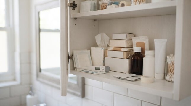 Open white home medicine cabinet with a digital thermometer, a brown medicine bottle, tissues, cotton swabs, tape, tubes and boxes on shelves, tiled bathroom with window, organized household first aid