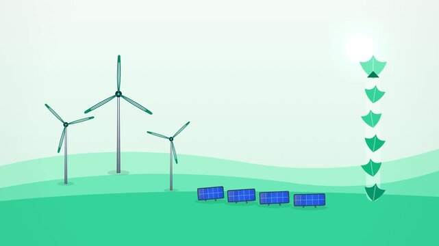 Flat corporate renewable energy infographic loop animation showing spinning wind turbines, tilting blue solar panels across rolling hills, and a rising green leaf growth progress arrow under bright su