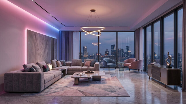 Modern luxury apartment living room with city skyline view ambient LED lighting contemporary furniture and panoramic windows