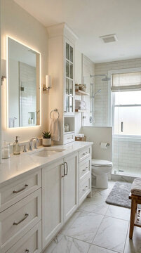 Modern Luxury Bathroom Interior Design White Vanity Illuminated Mirror and Shower