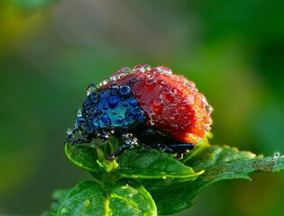 Chrysolina grossa in Dewdrops Drying in Sunrise © TessarTheTegu