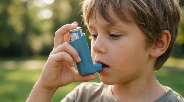Young boy using a blue asthma inhaler outdoors in a park, focusing on respiratory health and managing asthma symptoms.