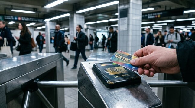 Hand swiping a transit card at a subway turnstile during rush hour