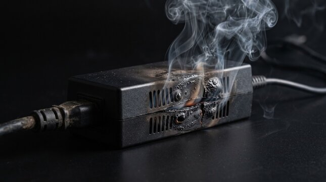 Overheated and smoking power adapter on black surface