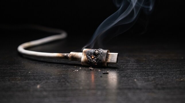 Smoking burnt USB-C charging cable showing electrical fire hazard
