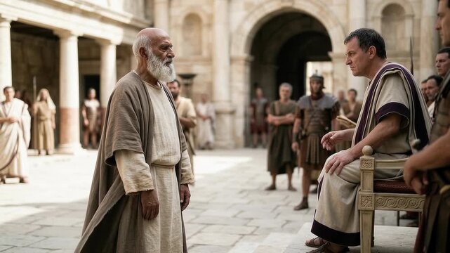 Early Christian Man Standing Before a Roman Proconsul During a Public Hearing, Historical Scene of Persecution, Faith, Courage, Judgment, Authority, Testimony, Trial and Religious Conflict