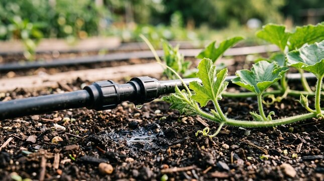 Drip irrigation system watering young cucumber plants in a garden bed