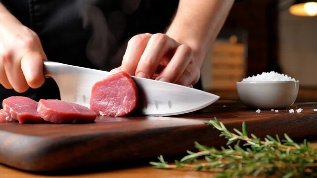 Chef cutting fresh raw beef fillet on wooden board with sharp knife