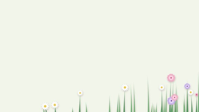 Animated flat design papercut spring tall grass and wildflowers bottom border with blank copy space on pastel green background
