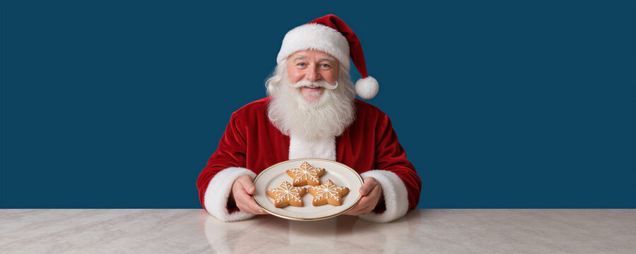 Santa Claus holding a plate of star gingerbread cookies. Smiling Santa at marble table with Christmas baked treats banner