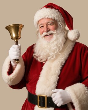 Vertical portrait of Santa Claus ringing a brass bell. Smiling Santa holding handbell on beige background