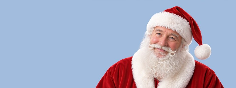 Santa Claus smiling on light blue background with copy space. Horizontal banner portrait of friendly senior man in classic Santa costume