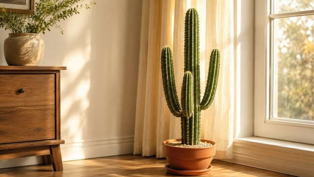 Sunlit tall potted cactus in a cozy indoor corner