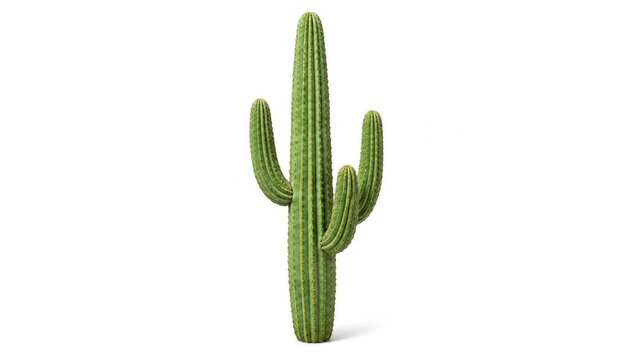 Tall green saguaro cactus with three upward arms isolated on a white background