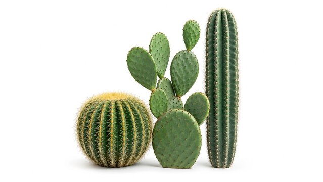 Three green cacti grouped on a white background: a golden barrel, a prickly pear with pads, and a tall ribbed columnar cactus