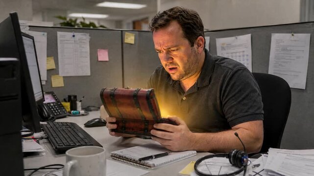 Office worker opening glowing chest with astonishment in cubicle