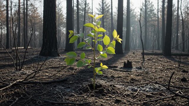 Young green sapling growing on forest floor among tall trees and sunbeams. Concept of nature regeneration, environmental renewal and sustainable growth