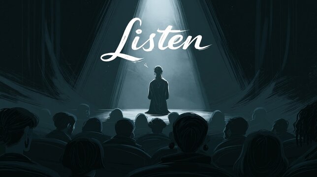 A dimly lit theater with a spotlight illuminating a mysterious figure speaking the word 'Listen', surrounded by shadowy audience silhouettes.