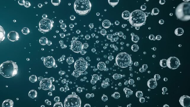 Abstract underwater bubble background with transparent air bubbles floating through dark teal liquid. Concept of fluid motion, science, cleanliness and minimal texture