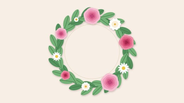 Animated rotating flat design floral wreath frame with pink roses and blank copy space