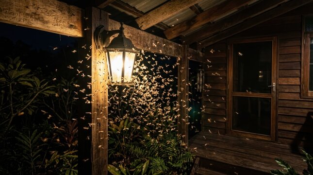 Swarm of moths fluttering around a porch lantern at night.