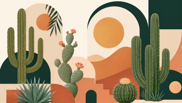 Stylized desert illustration with various cacti, sun, arches and geometric shapes in warm earthy tones
