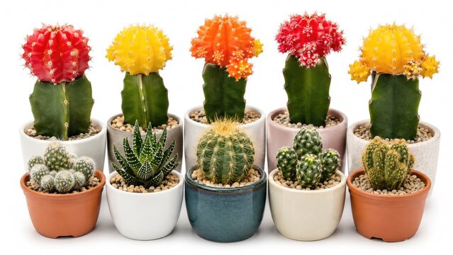 Row of colorful potted grafted cacti and small succulents on a white background