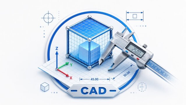 3D CAD concept showing wireframe cube, XYZ axes, dimension lines and a digital caliper measuring a model