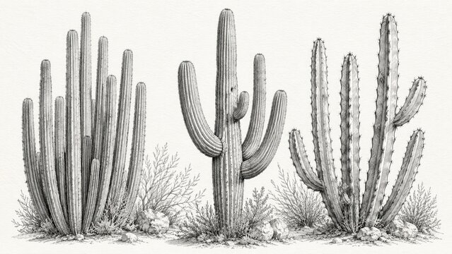 Three detailed vintage botanical cactus illustrations in a monochrome desert scene