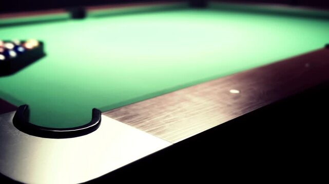 A sleek pool table showcases vibrant balls gathered in the corner, ready for an exciting game. The dimly lit bar creates an inviting atmosphere as players gather around to enjoy.