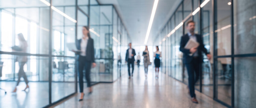 Empres&aacute;rios desfocados andando em escrit&oacute;rio moderno e iluminado de um centro empresarial &mdash; imagem gerada por IA que simboliza movimento, produtividade e vida corporativa
