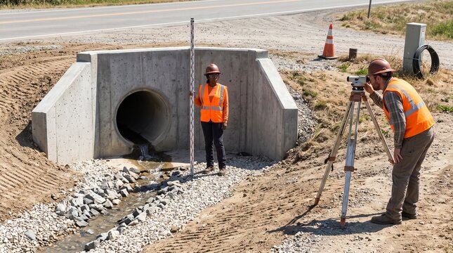 Survey crew verifies drainage structure flow levels