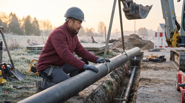 District heat pipe installation on frosty morning