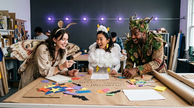 Halloween campaign team generates ideas in violet studio