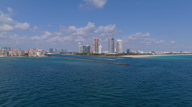 Landscape aerial of Miami skyscraper architecture. Luxury skyscraper Florida. Miami south beach aerial view. Landscape of Miami south beach. Coastal urban landscape. Aerial view on south pointe park