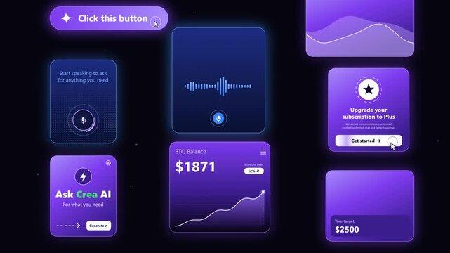 Futuristic Purple User Interface Design Kit with AI Prompt Elements and Financial Data Dashboard Layouts