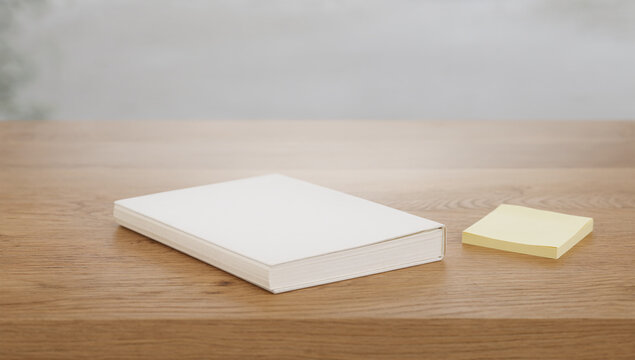 Blank white book and yellow sticky notes on a wooden desk surface