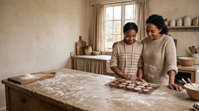 Happy African American mother and teenage daughter smiling at freshly baked cookies on a cooling rack in a cozy rustic kitchen