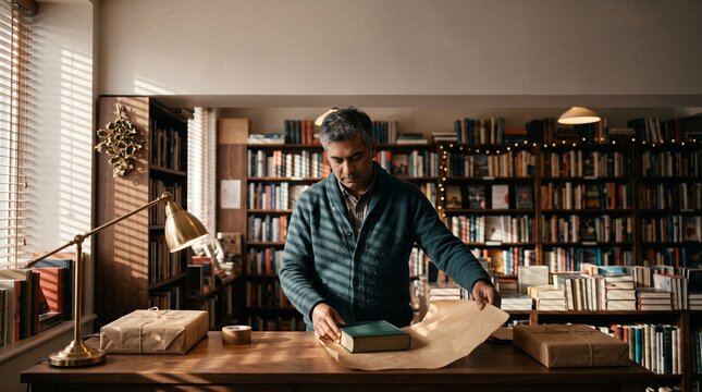 Mature bookstore owner carefully wrapping a book in brown craft paper at a wooden counter with warm sunlight streaming through window blinds