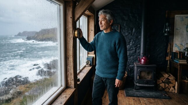 A mature Asian man in a knitted sweater stands inside a cozy rustic cabin, checking a brass barometer while looking out the rain-streaked window at the stormy ocean waves