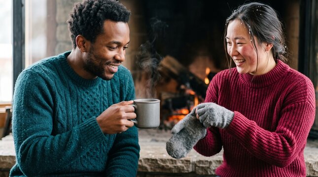 Happy diverse couple warming up by the fireplace with a hot steaming beverage after being outside in the snow during a cozy winter getaway