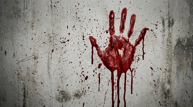 Bloody handprint on a grunge concrete wall, eerie horror thriller background, creepy crime scene texture