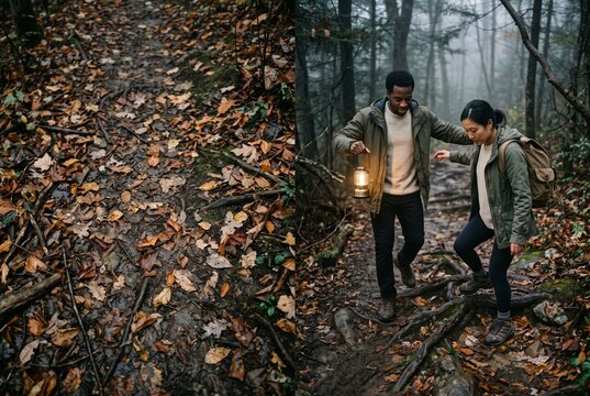 Diverse couple hiking on a muddy forest trail with tree roots and autumn leaves while carrying a glowing lantern in a misty woodland