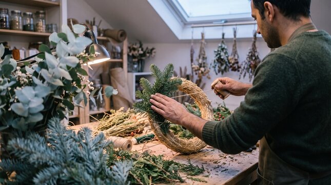 Male florist crafting a handmade Christmas wreath with fresh pine branches and twine in a cozy botanical workshop