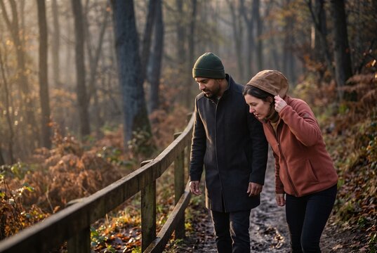 Multiethnic couple walking on a muddy forest trail in autumn, looking down at the path near a wooden fence during a morning walk