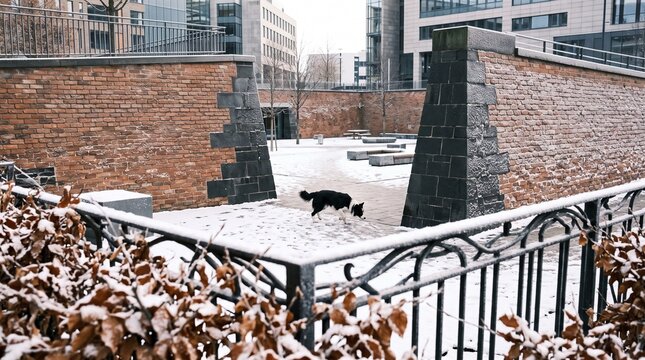 Black and white border collie dog walking across a snow-covered courtyard framed by brick walls and modern buildings in a cold urban winter setting