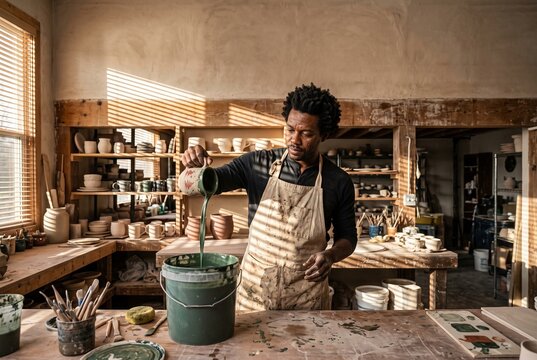 Focused African American male potter wearing an apron pouring green ceramic glaze from a pitcher into a bucket in a sunlit pottery studio